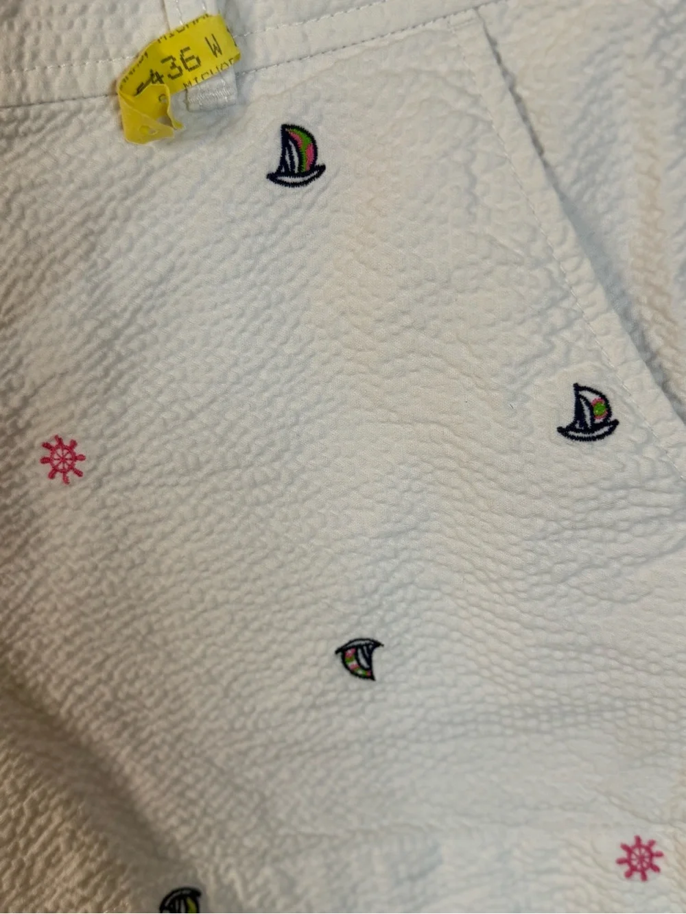 Lilly Pulitzer White Seersucker Shorts with Navy Sailboat & Pink Star Embroidery